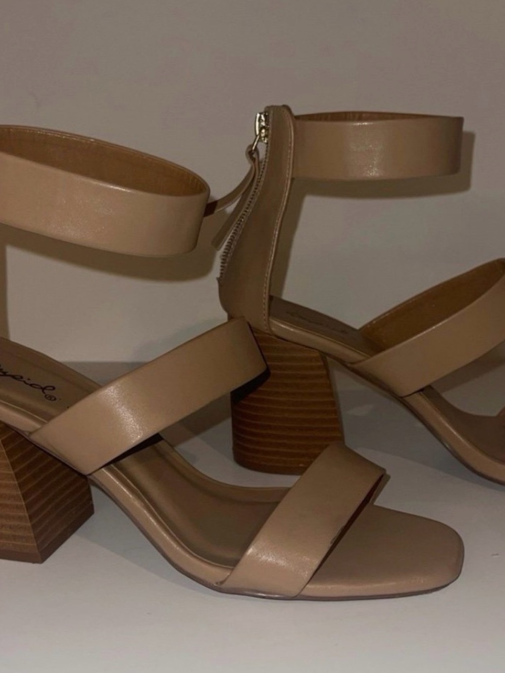 Qupid Tan Strappy Block-Heel Sandals